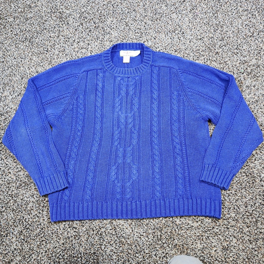 American Weekend Sweater Mens Large Blue Cable Knit Ramie Cotton Crewneck Raglan